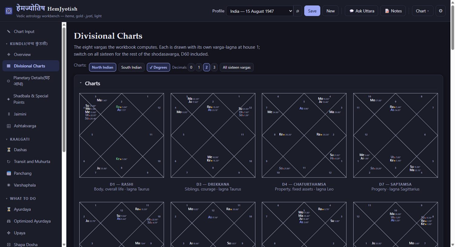 HemJyotish in the Night Sky theme (dark)
